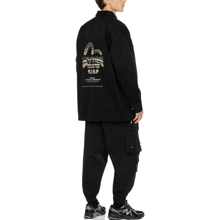 Shop EVISU FW23 Washed Black Oversized Workwear Jacket with Logo Print for Men. 2EAGNM3SJ5116LFCT