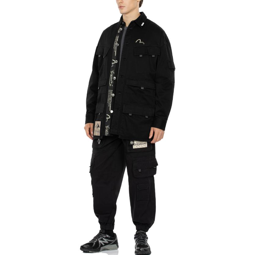 Purchase EVISU FW23 Washed Black Oversized Workwear Jacket with Logo Print for Men. 2EAGNM3SJ5116LFCT