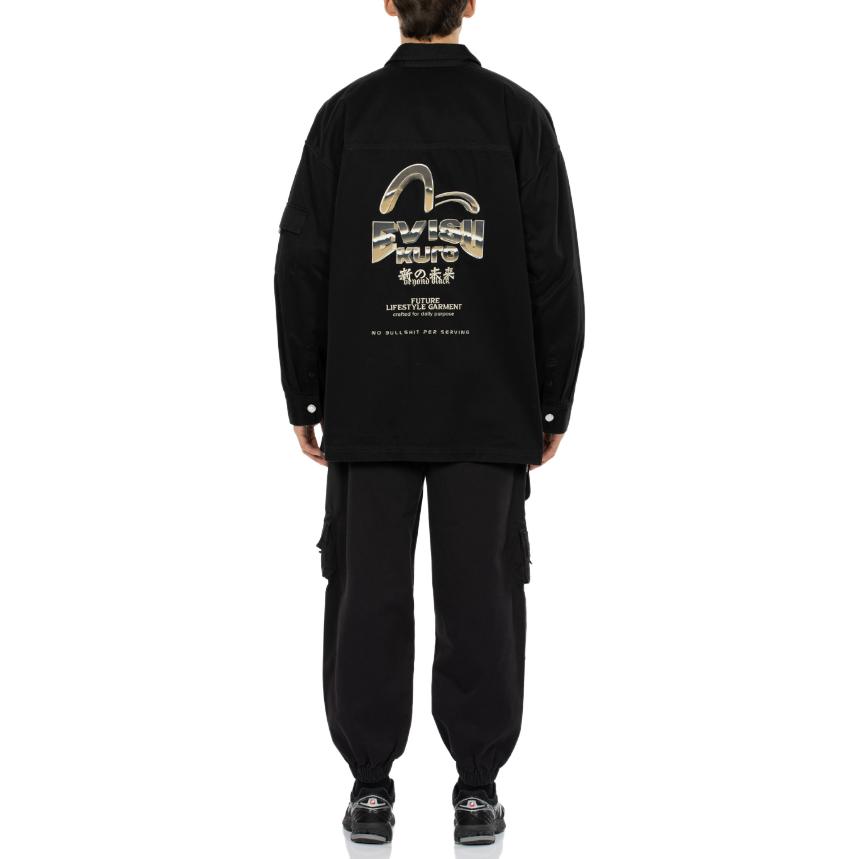 Details for EVISU FW23 Washed Black Oversized Workwear Jacket with Logo Print for Men. 2EAGNM3SJ5116LFCT