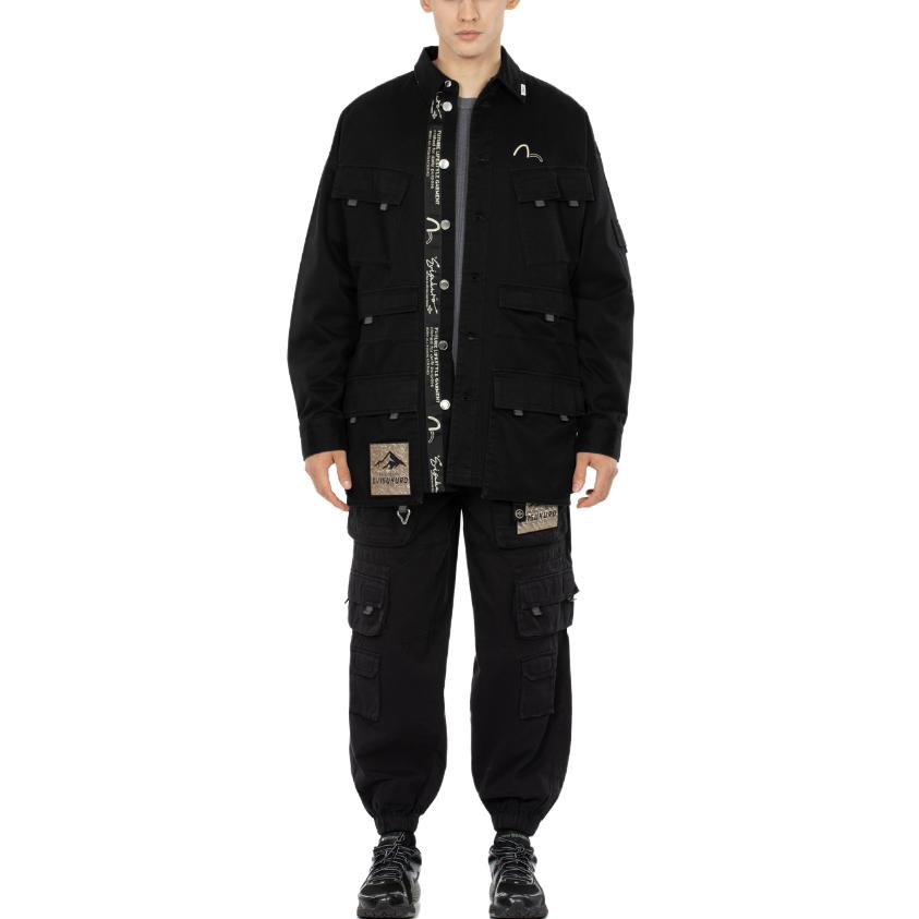 Sizing EVISU FW23 Washed Black Oversized Workwear Jacket with Logo Print for Men. 2EAGNM3SJ5116LFCT