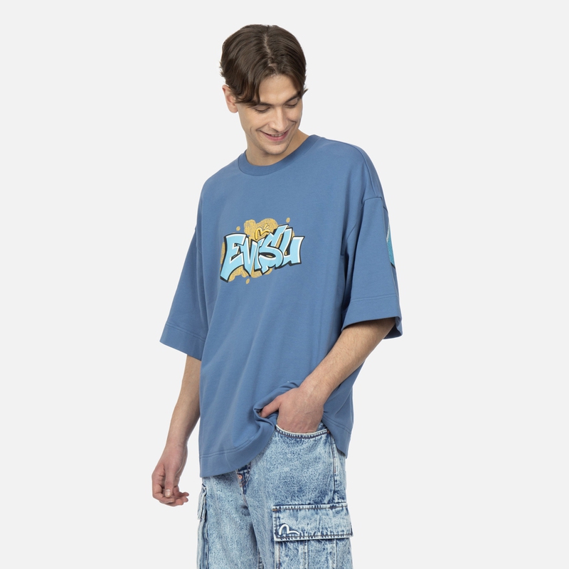 Shop EVISU 海神塗鴉Logo男女短袖T恤 深藍色 2ESHTM3SW325OSCT