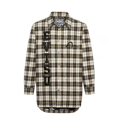 EVISU Graffiti Embroidered Plaid Flannel Loose Jacket Men’s Black White 1EAGNM9JK753XX
