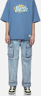 EVISU Jeans Wide-Leg Graffiti Logo Biru Denim dengan Desain Lepas-Pasang. 2ESHTM3JE124FFCT Details for EVISU Jeans Wide-Leg Graffiti Logo Biru Denim dengan Desain Lepas-Pasang. 2ESHTM3JE124FFCT