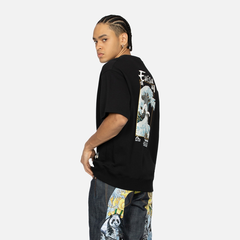 Shop EVISU 日本海浪與海鷗印花短袖圓領衛衣 男士 2ESHTM4WS7058RXCT