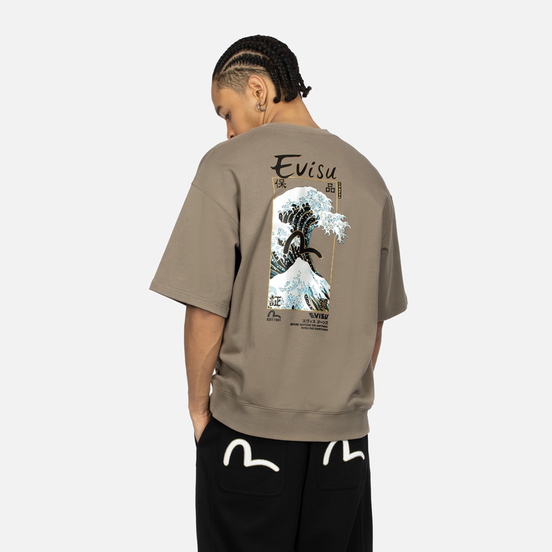 Cheap EVISU 日本海浪與海鷗印花短袖圓領衛衣 男士 2ESHTM4WS7058RXCT