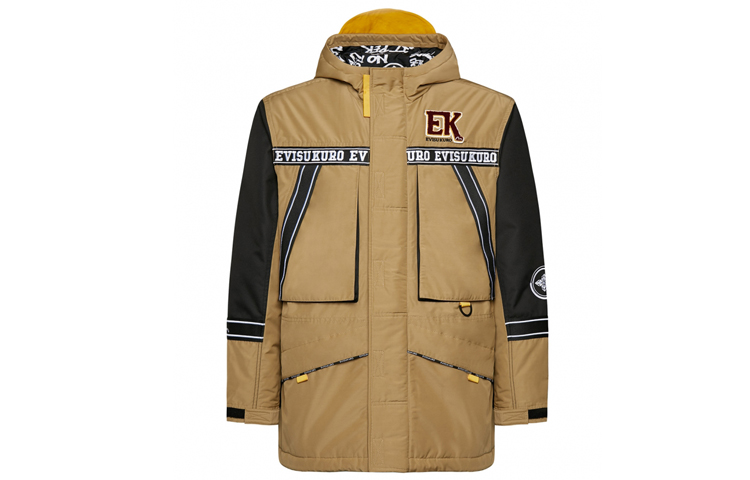 EVISU Kamon Logo Hooded Mid-Length Jacket Khaki for Men. 1EAGNM9JK752XX