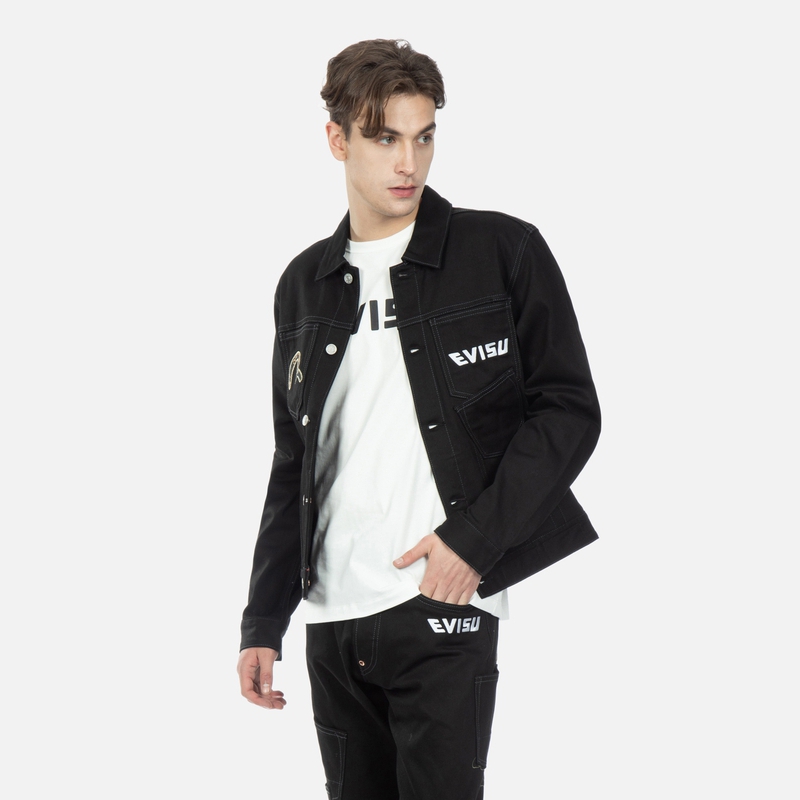 Shop EVISU Jaket Lelaki Hitam Logo Seagull Street Style Hip-Hop Single-Breasted 2ESHTM3DJ116XXCS