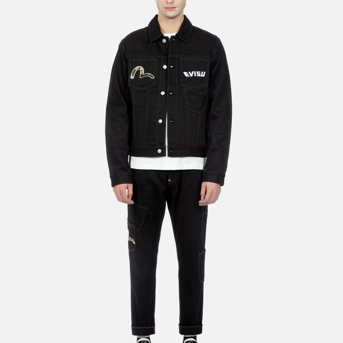 Sizing EVISU Jaket Lelaki Hitam Logo Seagull Street Style Hip-Hop Single-Breasted 2ESHTM3DJ116XXCS