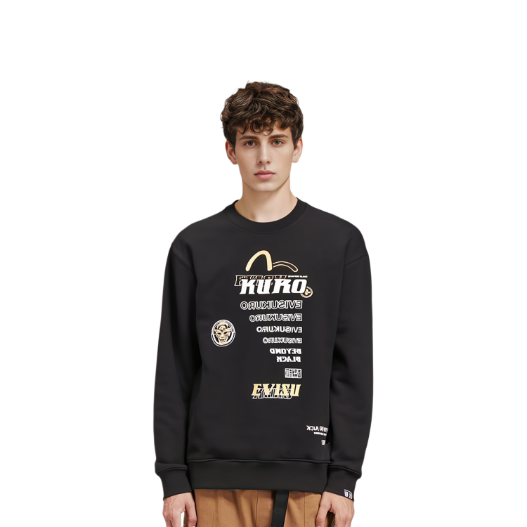 EVISU Men’s Black Sweatshirt with Multi-Pattern and Logo Print 2EAGNM0SW371LF 圖 4