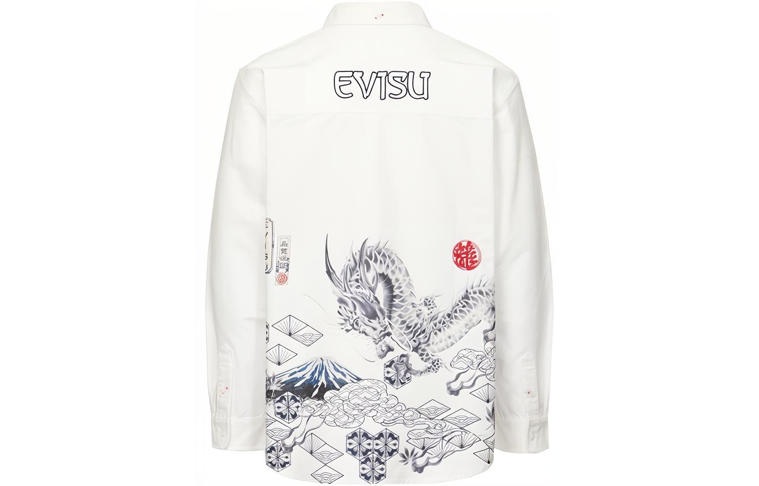 EVISU Mens Long Sleeve Shirt with Poseidon & Mount Fuji Print - White. 2EAHTM1SL114RXCT
