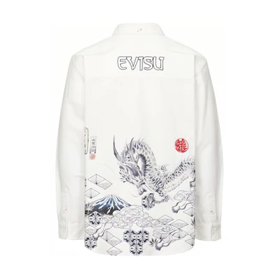 EVISU Mens Long Sleeve Shirt with Poseidon & Mount Fuji Print - White. 2EAHTM1SL114RXCT
