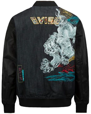 Jaket Bomber Denim EVISU Patchwork Cetak Biru/Hitam 2ESHTM2JK707XXNY Buy Jaket Bomber Denim EVISU Patchwork Cetak Biru/Hitam 2ESHTM2JK707XXNY