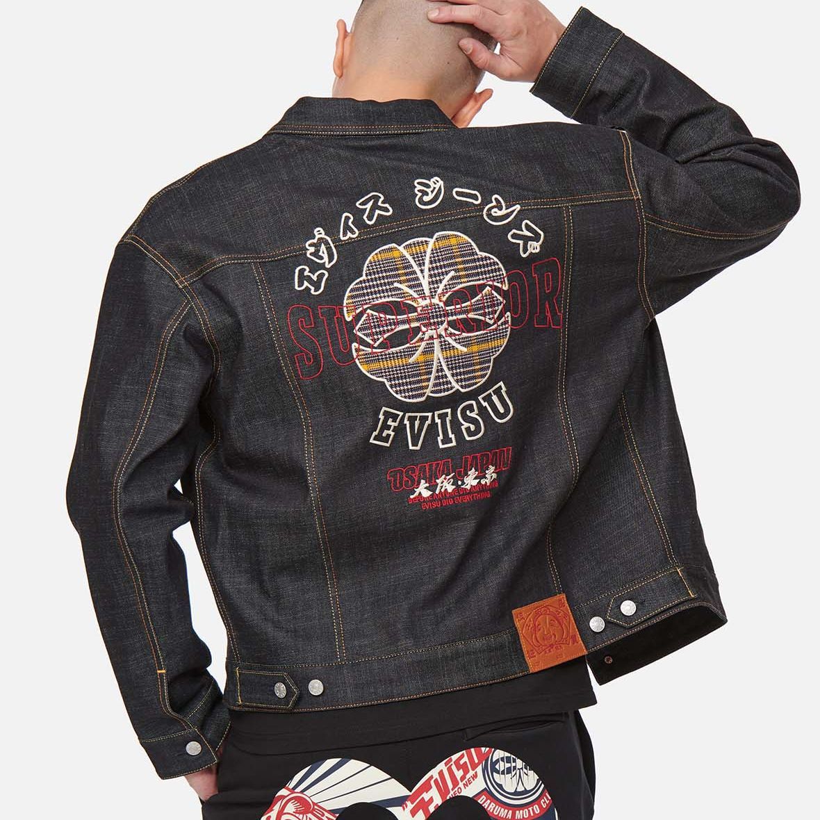 Shop EVISU 格紋拼接丹寧外套 秋季款 - 丹寧藍. 2EAHTM1DJ787LFCQ