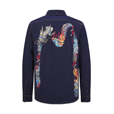 EVISU Poseidon Embroidery M Print Long Sleeve Denim Shirt - Blue 2EAHTM1SL112XXDN