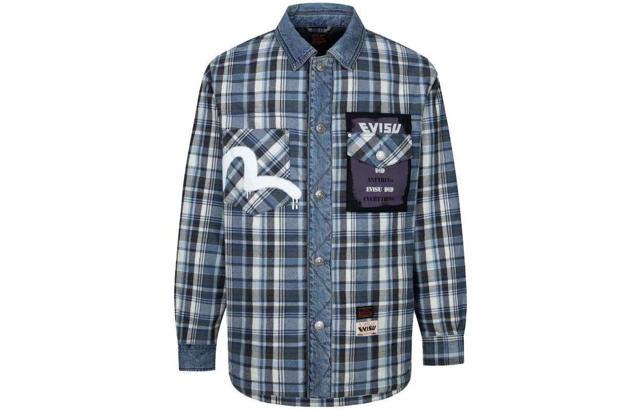 EVISU Seagull Poster Print Padded Shirt Jacket Blue Loose Fit Outerwear 2EAHTM3SJ8005LFCQ