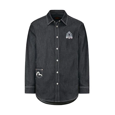 EVISU SS20 Gradient Crystal Logo Denim Shirt Men Black 2ESHTM0SJ270DN