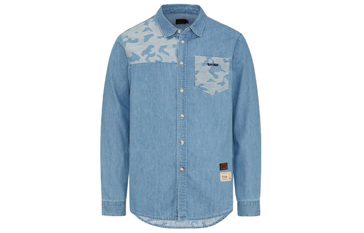 EVISU SS21  Denim Blue Camouflage Big M Long Sleeve Shirt. 2ESHTM1SL164DN