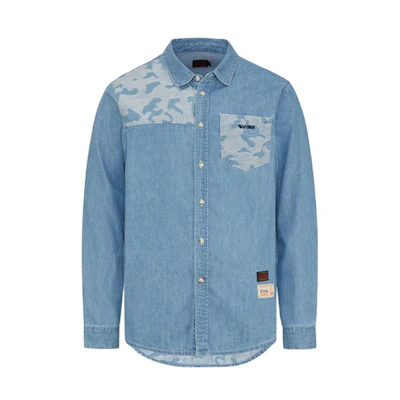 EVISU SS21 Denim Blue Camouflage Big M Long Sleeve Shirt. 2ESHTM1SL164DN