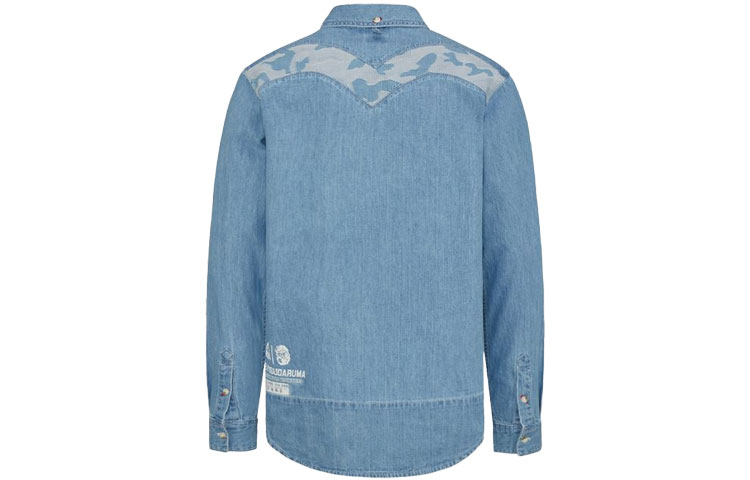 Lookbook EVISU SS21 Kemeja Lengan Panjang Big M Denim Biru Corak Camouflage. 2ESHTM1SL164DN