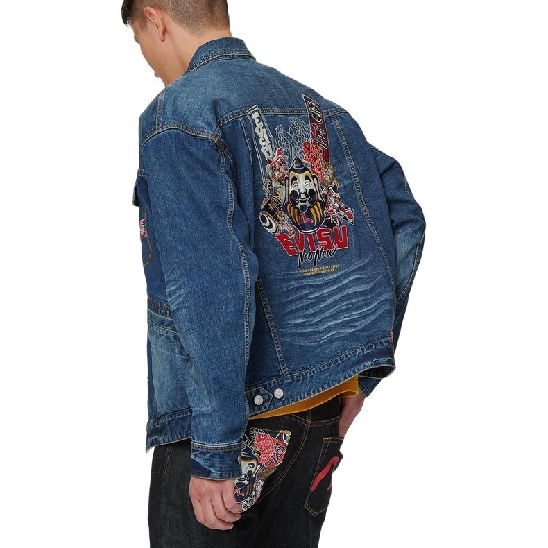 Shop EVISU SS21 Jaket Denim Sulam Motif Buddha Biru. 2ESHTM1DJ717LF