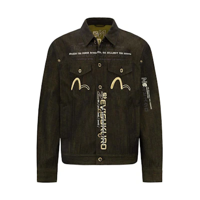 EVISU SS22 Black Denim Jacket with Seagull Logo and Embroidered Lettering. 2ESGNM2DJ732LFCT