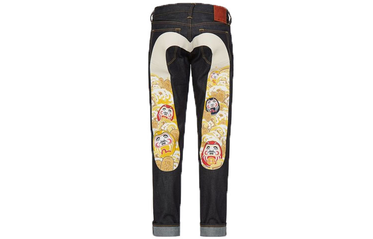 EVISU SS22  Blue Tapered Denim Jeans with Daruma Big M Design. 2ESADM2JE91817CT