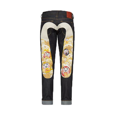EVISU SS22 Blue Tapered Denim Jeans with Daruma Big M Design. 2ESADM2JE91817CT