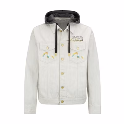 EVISU SS22 Grey Embroidered Denim Hoodie Jacket. 2ESGNM2DJ733LFCT
