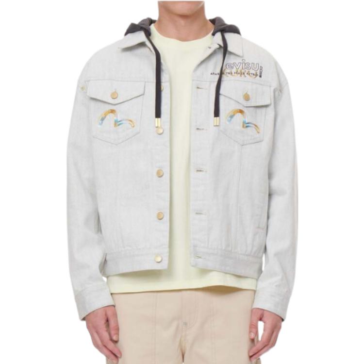 Shop EVISU SS22 灰色刺繡牛仔連帽夾克外套 2ESGNM2DJ733LFCT