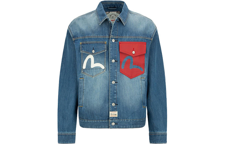 EVISU SS22  Lucky Cat & Daruma Denim Jacket in Blue. 2ESHTM2DJ713LFCP