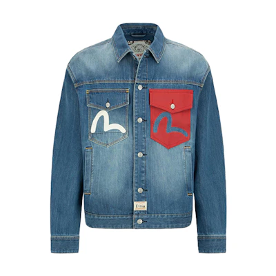 EVISU SS22 Lucky Cat & Daruma Denim Jacket in Blue. 2ESHTM2DJ713LFCP