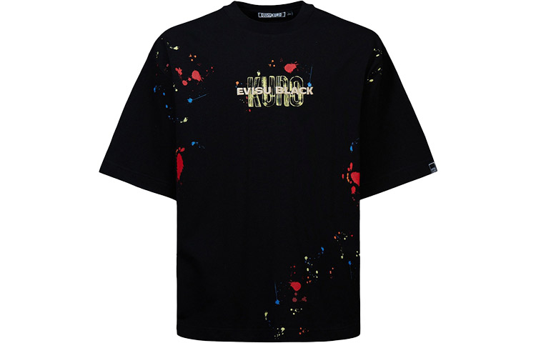 Shop EVISU SS22 ペイントスプラッタ刺繍ロゴTシャツ 2ESGNM2TS594BZCT