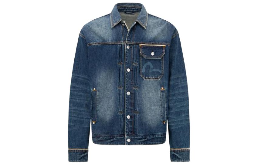 EVISU SS22  Washed Denim Jacket with Big M Stitching in Denim Blue. 2ESHTM2DJ717LFCT
