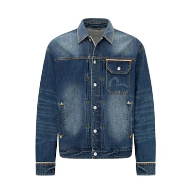 EVISU SS22 Washed Denim Jacket with Big M Stitching in Denim Blue. 2ESHTM2DJ717LFCT