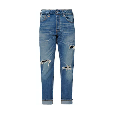 EVISU SS22 Distressed Logo Printed Cropped Jeans Denim Blue. 2ESHTM2JE10917CX