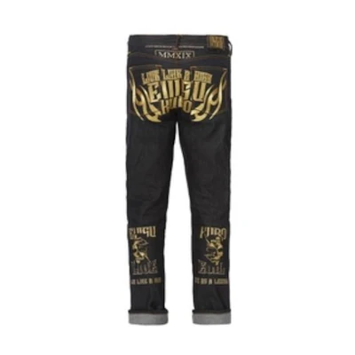 EVISU SS22 Hannya Embroidered Stretch Straight Jeans Men Denim Blue. 1ESGNM9JE16317