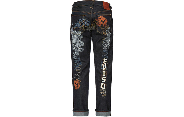EVISU SS22 Komainu Pattern Slim Tapered Jeans Men Denim Blue 2ESHTM2JE90417CTINDX