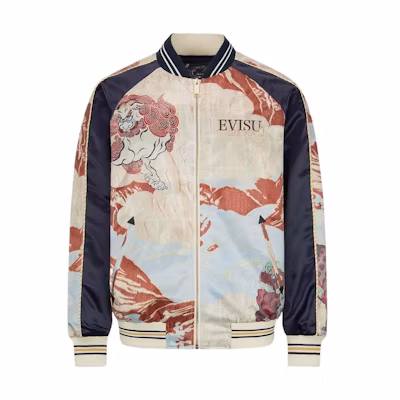 EVISU SS22 Komainu Print Yokosuka Baseball Jacket Multicolor Streetwear. 2ESHTM2JK706XXPL