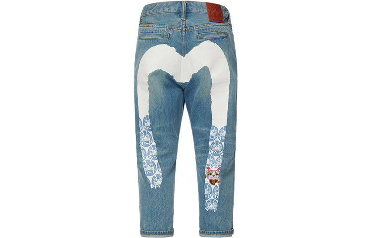 EVISU SS22 Lucky Cat & Daruma Graphic M-Print Tapered Denim Jeans Blue Mens. 2ESHTM2JE90827CT