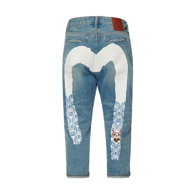 EVISU SS22 Lucky Cat & Daruma Graphic M-Print Tapered Denim Jeans Blue Mens. 2ESHTM2JE90827CT