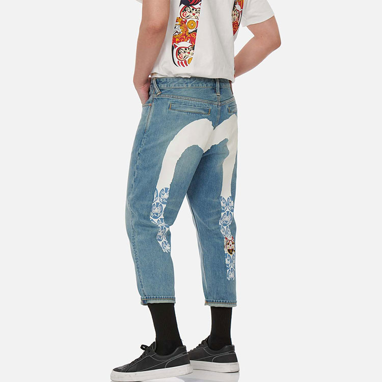 Details for EVISU SS22 Lucky Cat & Daruma Jeans Denim Biru Pria Model Tapered. 2ESHTM2JE90827CT