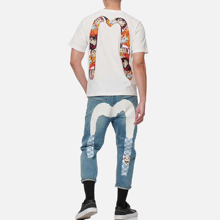 Sizing EVISU SS22 Lucky Cat & Daruma Jeans Denim Biru Pria Model Tapered. 2ESHTM2JE90827CT