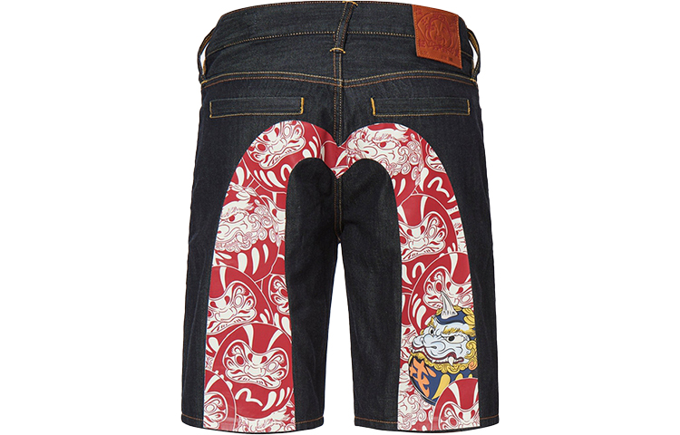 EVISU SS22 Shrine Partner Daruma Print Denim Shorts - Denim Blue 2ESHTM2DS207XXCT