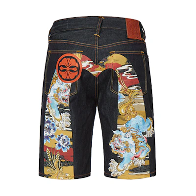 EVISU SS22 Vintage Hand-painted Komainu Big M Print Denim Shorts Blue Mens. 2ESHTM2DS203XXCT