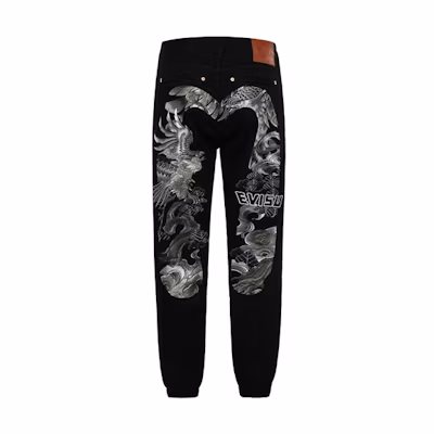 EVISU SS23 Black Jeans with Eagle Embroidery and Big M Design 2ESHTM3JO168LFCS