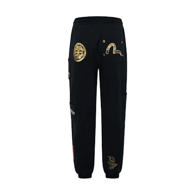 EVISU SS23 Black Multi-Pocket Knit Jogger Pants with Brocade Patches. 2ESHTM3SP560LFCT