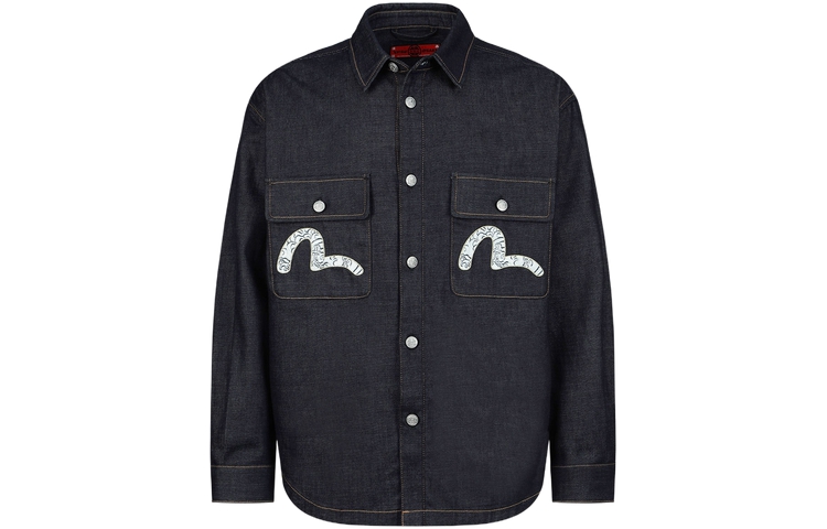 Order EVISU SS23 Kemeja Denim Biru Corak Ombak & Sulaman Burung Camar. 2ESHTM3SJ111LFCT