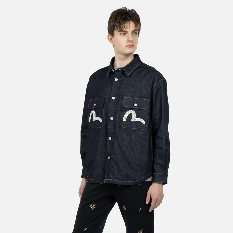 Shop EVISU SS23 Kemeja Denim Biru Corak Ombak & Sulaman Burung Camar. 2ESHTM3SJ111LFCT