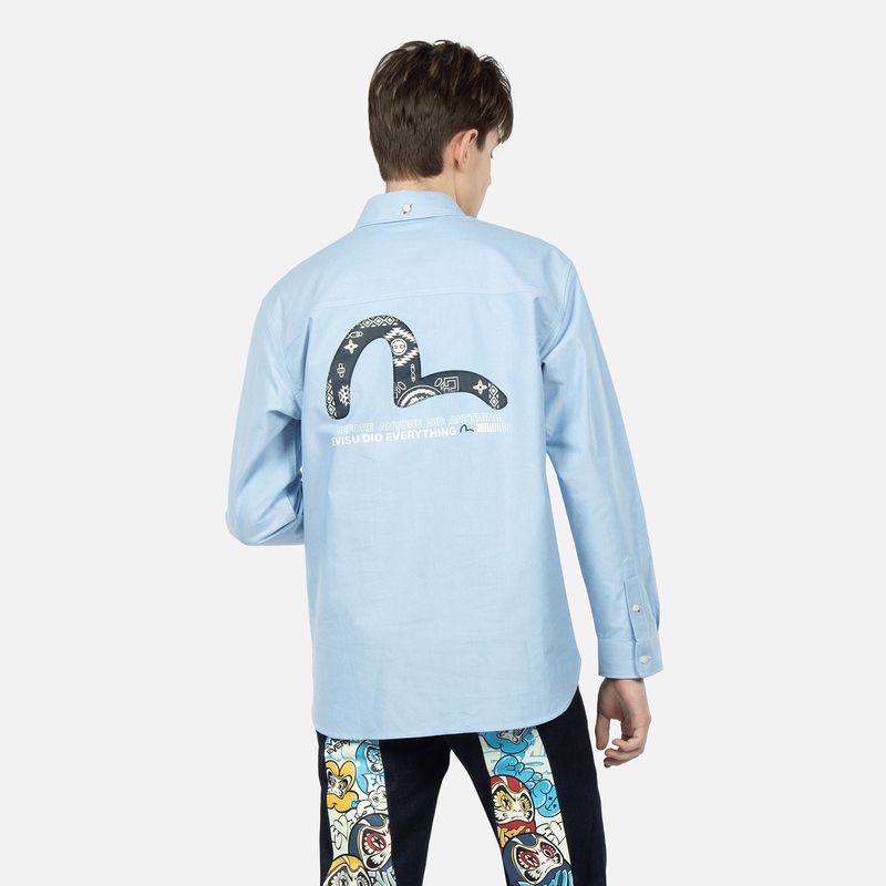 Purchase EVISU SS23 Kemeja Lengan Panjang Oxford Patch Burung Camar - Biru 2ESHTM3SL115RXCT