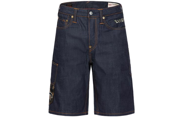 EVISU SS23  Washed Denim Blue Shorts with Floral Embroidered Pocket. 2ESHTM3DS177XXCT
